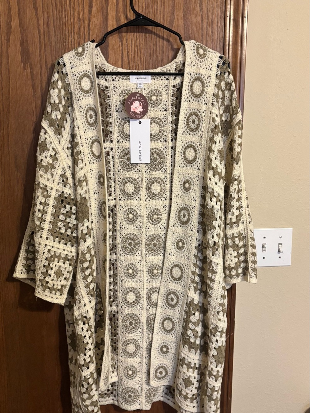 Crochet Open-Front Cardigan Shrug in Cream and Olive